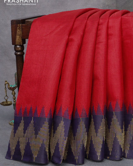 Pure dupion silk saree red and dark blue with plain body and temple design zari woven border