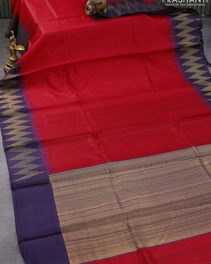Pure dupion silk saree red and dark blue with plain body and temple design zari woven border