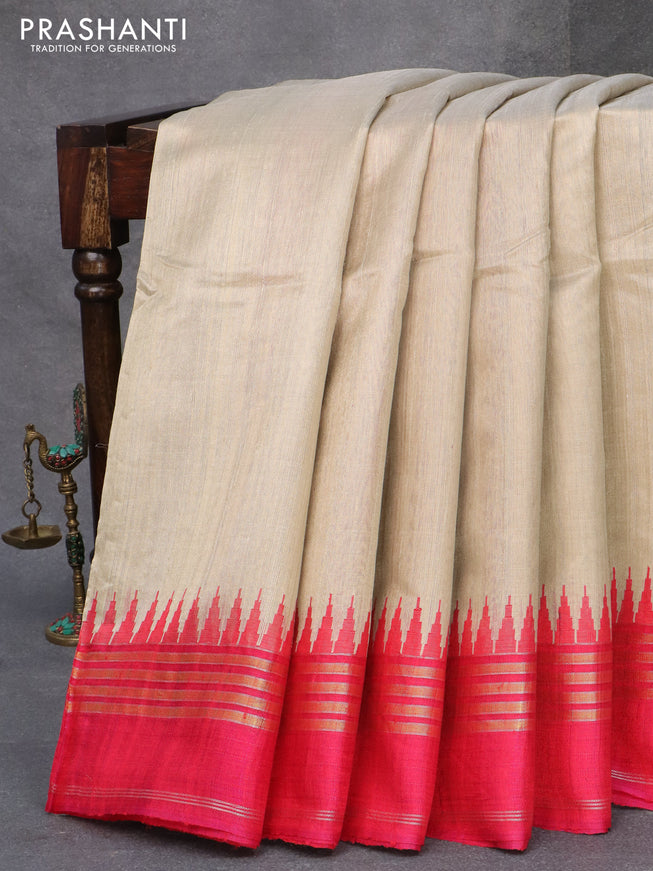 Pure dupion silk saree beige and pink with plain body and temple design zari woven border