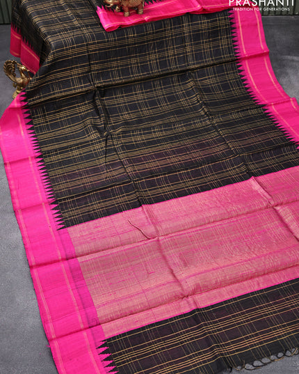 Pure dupion silk saree black and pink with allover zari checked pattern and temple design zari woven border