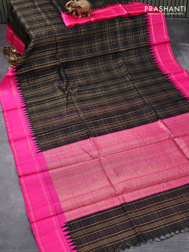 Pure dupion silk saree black and pink with allover zari checked pattern and temple design zari woven border