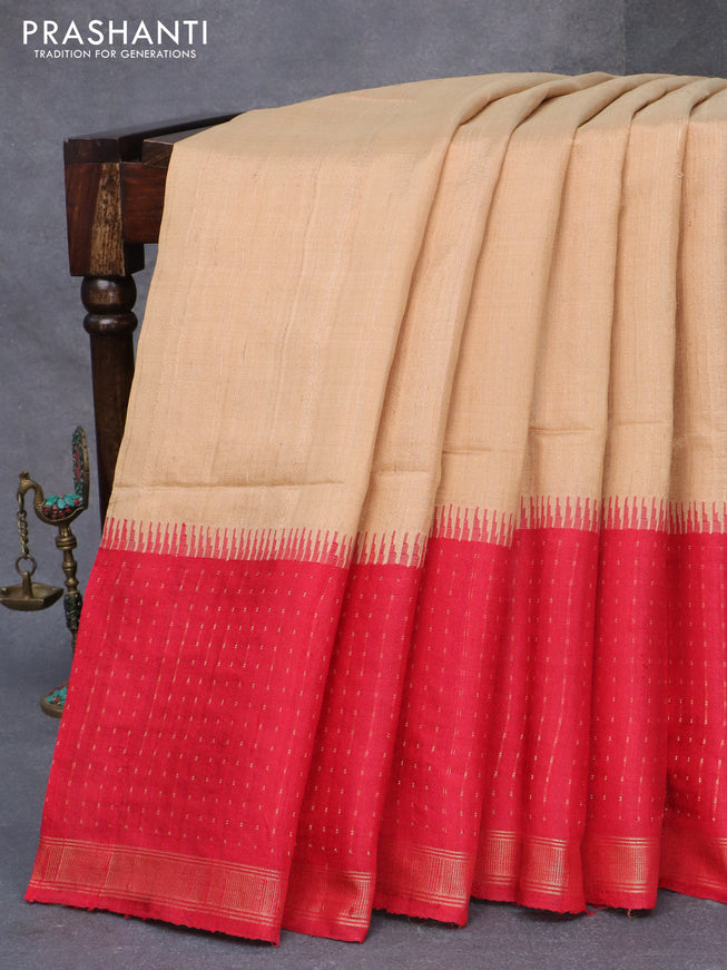 Pure dupion silk saree sandal and red with plain body and zari woven border
