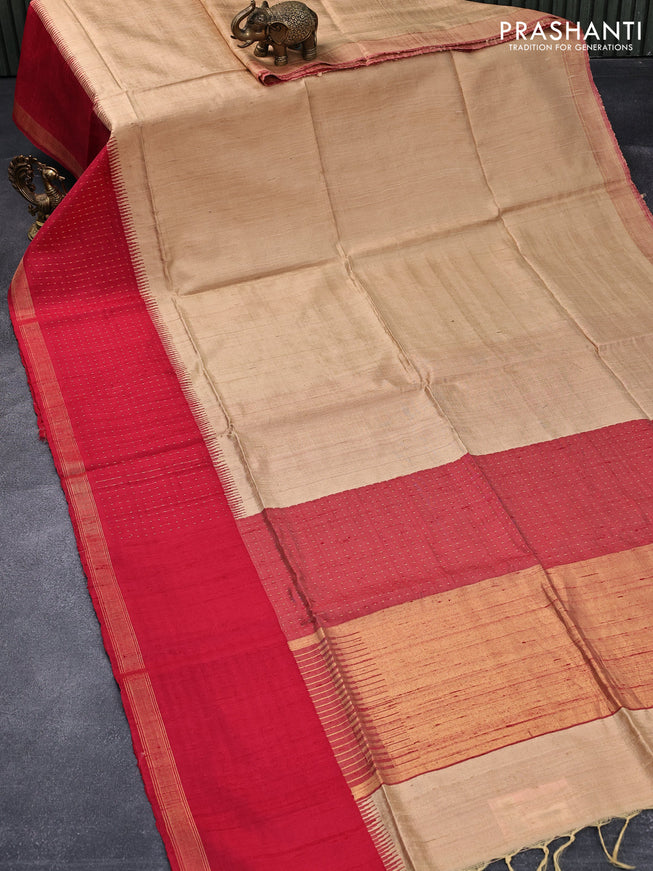 Pure dupion silk saree sandal and red with plain body and zari woven border