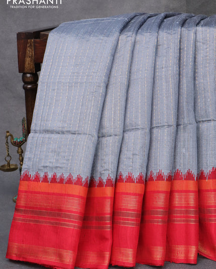 Pure dupion silk saree grey and maroon with allover zari weaves and temple design zari woven border