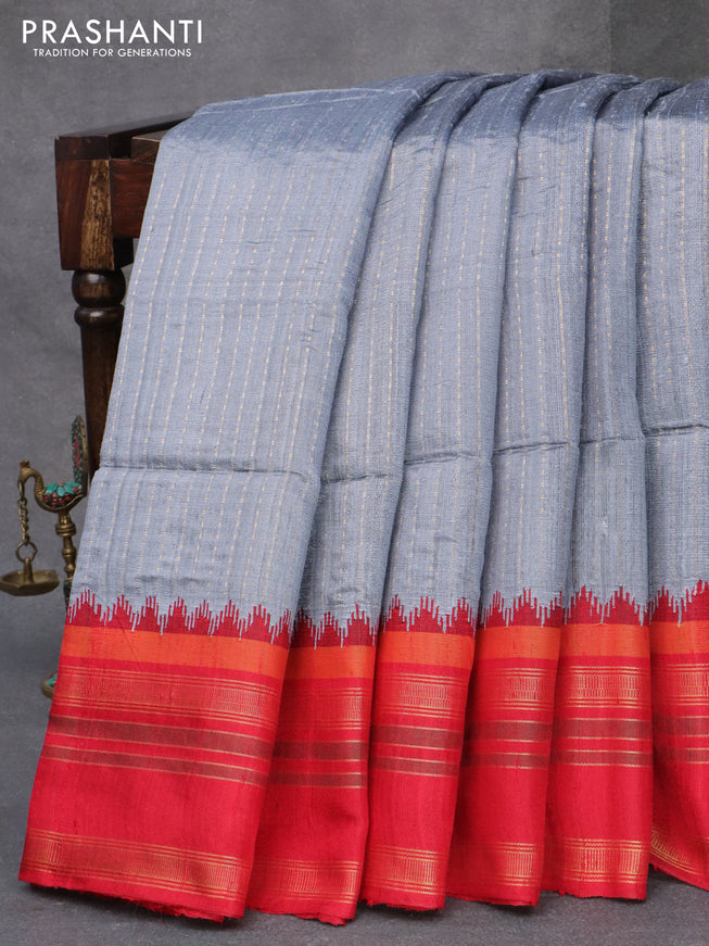 Pure dupion silk saree grey and maroon with allover zari weaves and temple design zari woven border