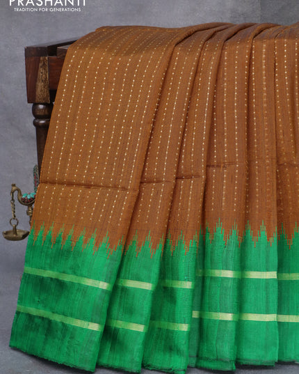Pure dupion silk saree mustard yellow and green with allover zari weaves and temple design zari simple border