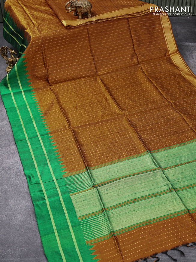 Pure dupion silk saree mustard yellow and green with allover zari weaves and temple design zari simple border