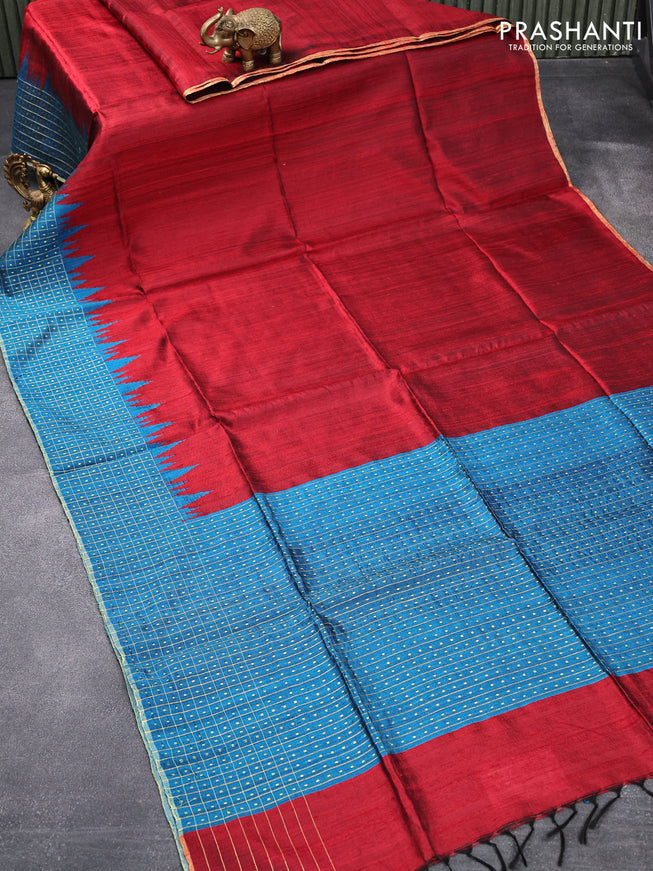 Pure dupion silk saree maroon and cs blue with plain body and temple design zari checked border