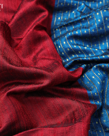 Pure dupion silk saree maroon and cs blue with plain body and temple design zari checked border