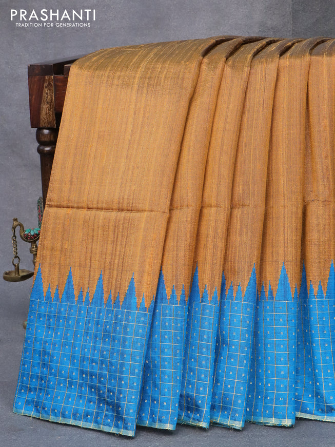 Pure dupion silk saree mustard yellow and cs blue with plain body and temple design zari checked border