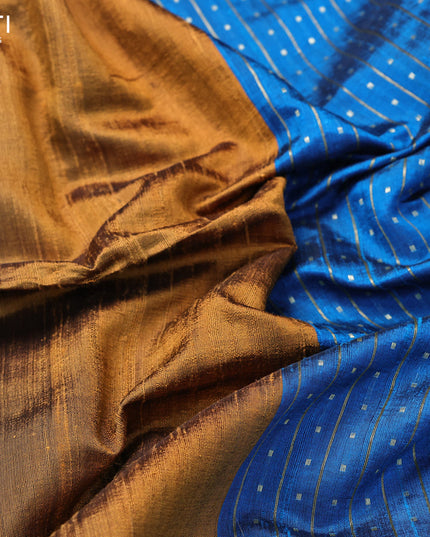 Pure dupion silk saree mustard yellow and cs blue with plain body and temple design zari checked border