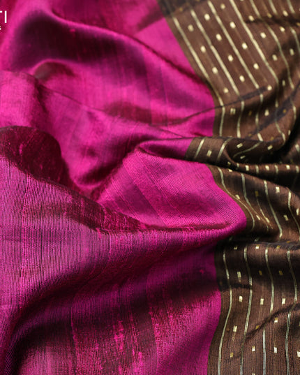 Pure dupion silk saree dark pink and military green with plain body and temple design zari checked border