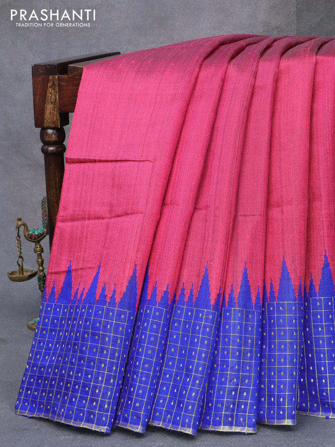 Pure dupion silk saree dark pink and blue with plain body and temple design zari checked border