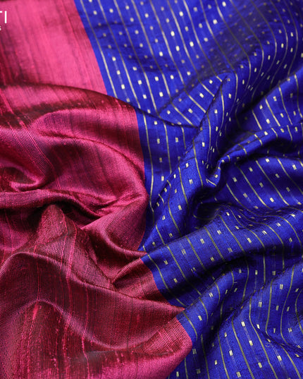 Pure dupion silk saree dark pink and blue with plain body and temple design zari checked border