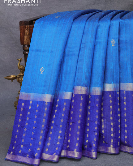 Pure dupion silk saree cs blue and blue with plain body and long zari woven border