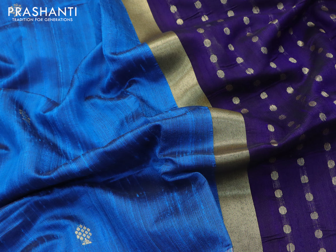 Pure dupion silk saree cs blue and blue with plain body and long zari woven border
