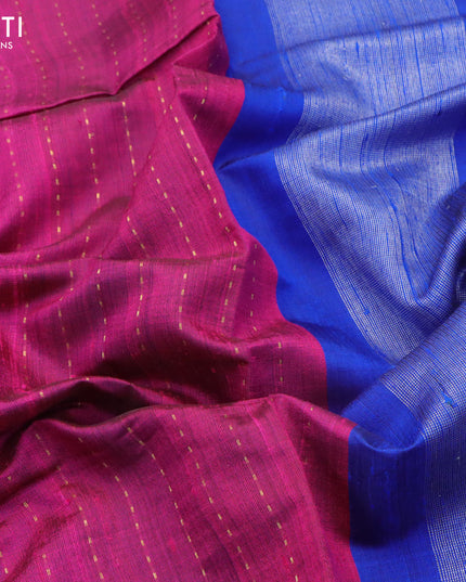 Pure dupion silk saree magenta pink and blue with allover zari weaves and temple design simple border