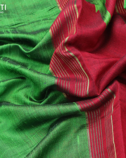 Pure dupion silk saree green and red with plain body and temple design zari woven border