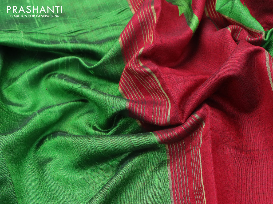 Pure dupion silk saree green and red with plain body and temple design zari woven border