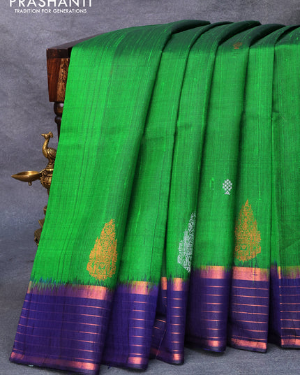 Pure dupion silk saree green and dark blue with copper zari woven buttas and copper zari woven border