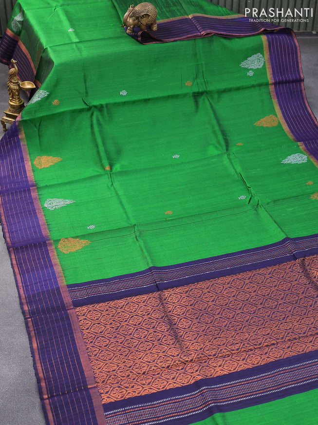 Pure dupion silk saree green and dark blue with copper zari woven buttas and copper zari woven border