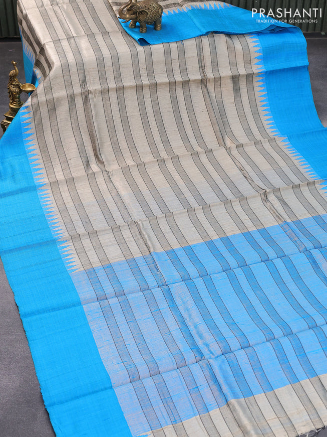 Pure dupion silk saree beige and blue with allover stripe pattern and temple design woven border