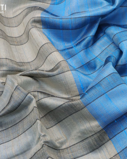 Pure dupion silk saree beige and blue with allover stripe pattern and temple design woven border