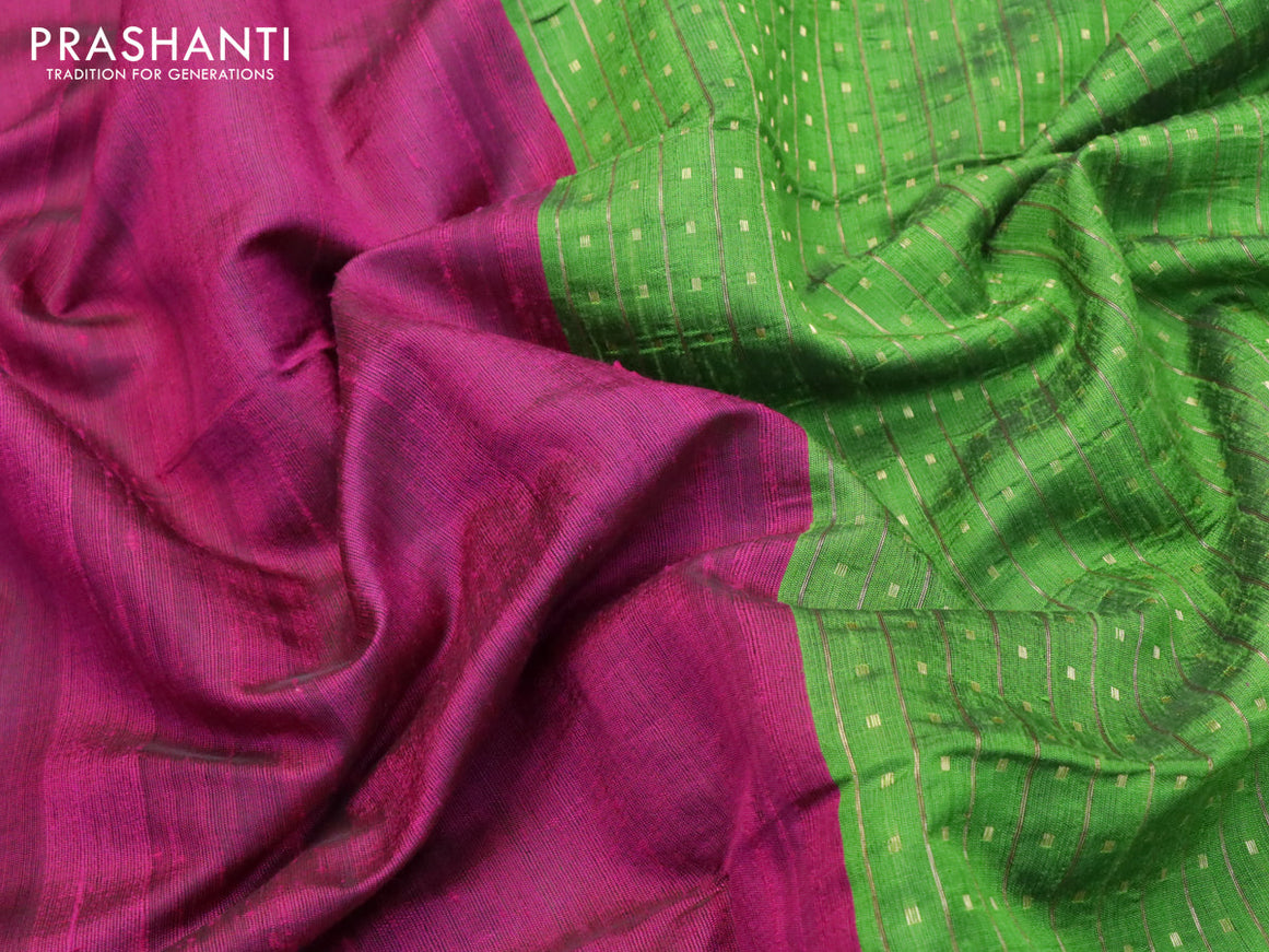 Pure dupion silk saree magenta pink and green with plain body and temple design zari checked border