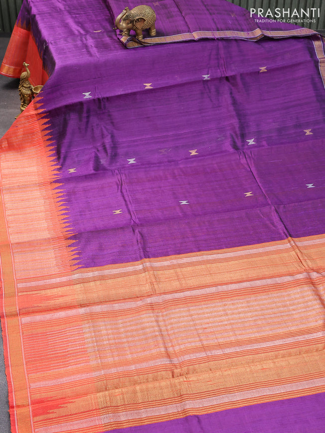 Pure dupion silk saree violet and orange with silver & glod zari woven buttas and temple design zari woven border