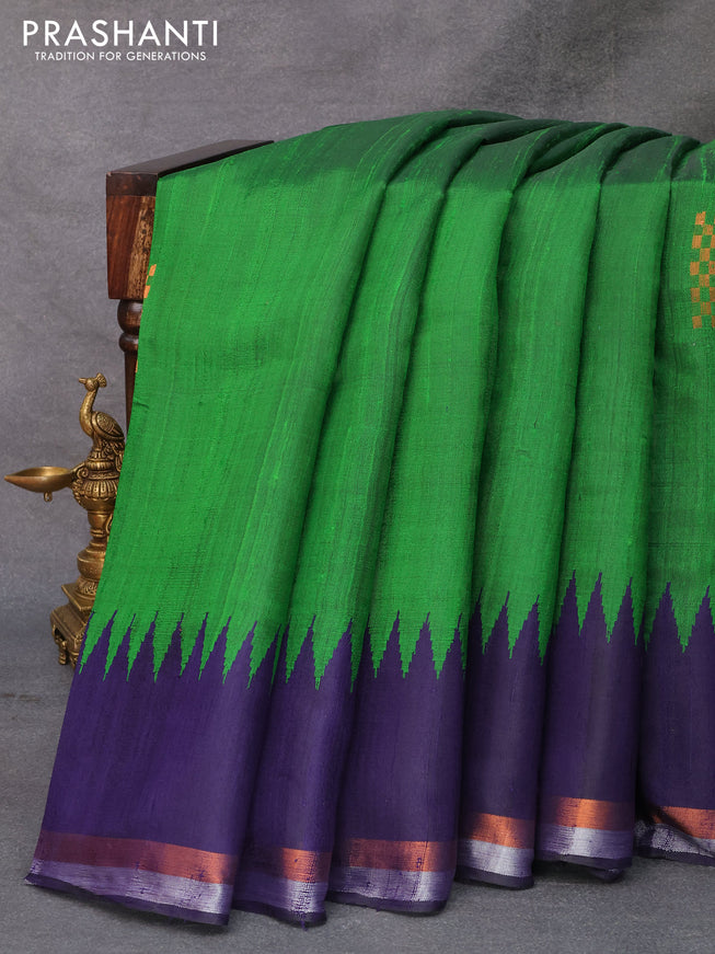 Pure dupion silk saree green and blue with plain body and temple design zari woven border