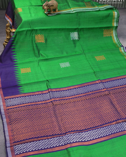 Pure dupion silk saree green and blue with plain body and temple design zari woven border