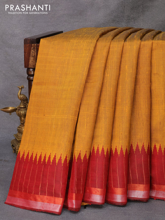 Pure dupion silk saree mustard yellow and maroon with plain body and temple design zari woven border