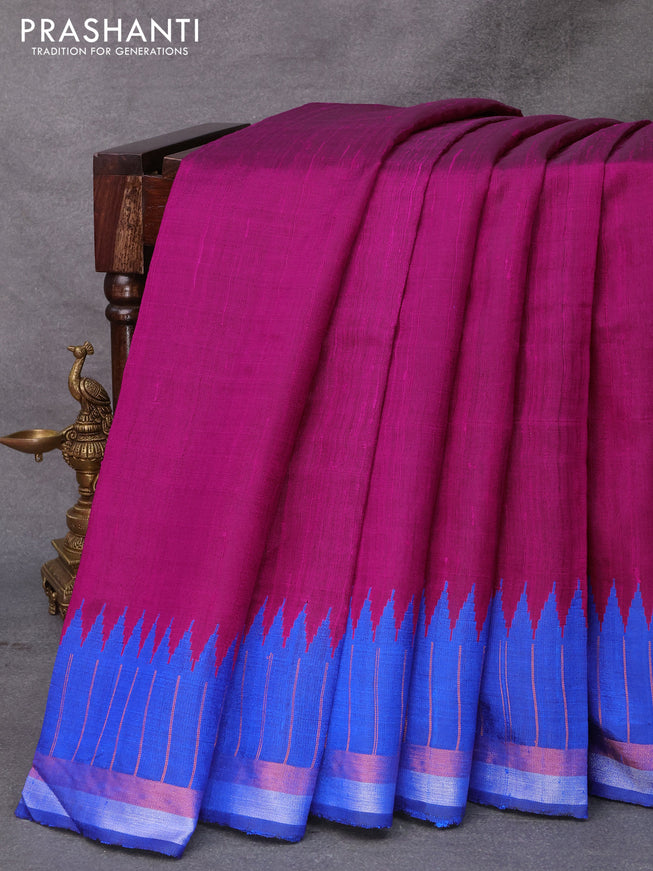 Pure dupion silk saree magenta pink and blue with plain body and temple design zari woven border