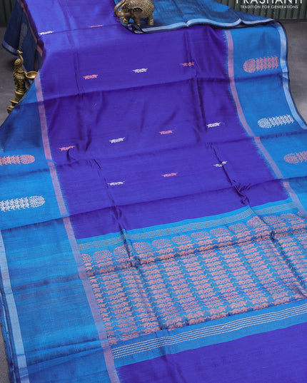 Pure dupion silk saree blue and cs bule with silver & copper zari woven buttas and zari woven butta border