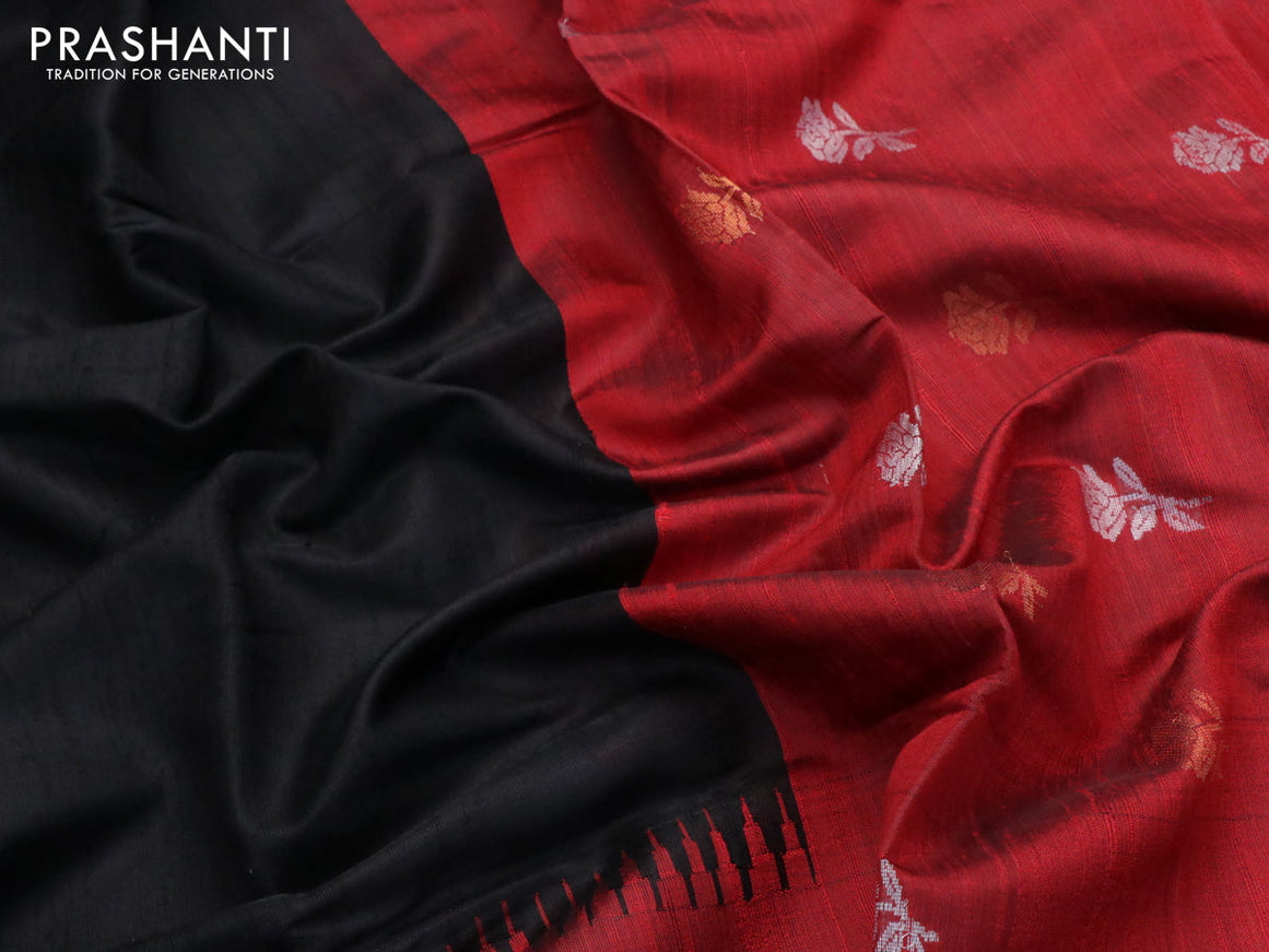 Pure dupion silk saree black and red with plain body and zari woven border