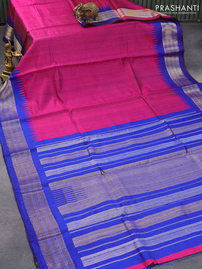 Pure dupion silk saree pink and blue with plain body and zari woven border