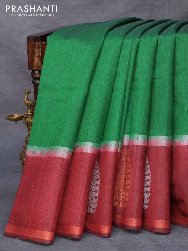 Pure dupion silk saree green and maroon with silver & copper zari woven buttas and zari woven butta border