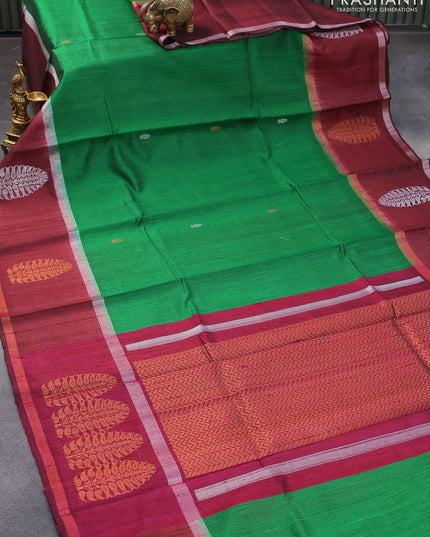 Pure dupion silk saree green and maroon with silver & copper zari woven buttas and zari woven butta border