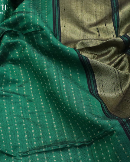 Pure dupion silk saree green and black with allover zari weaves and temple design rettapet zari woven border
