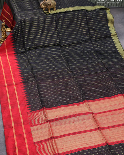Pure dupion silk saree black and maroon with allover zari weaves and temple design rettapet zari woven border