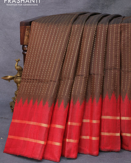 Pure dupion silk saree dark mehendi green and maroon with allover zari weaves and temple design rettapet zari woven border