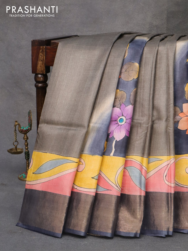 Pure tussar silk saree grey and navy blue with floral hand painted prints and zari woven border