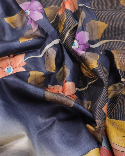 Pure tussar silk saree grey and navy blue with floral hand painted prints and zari woven border