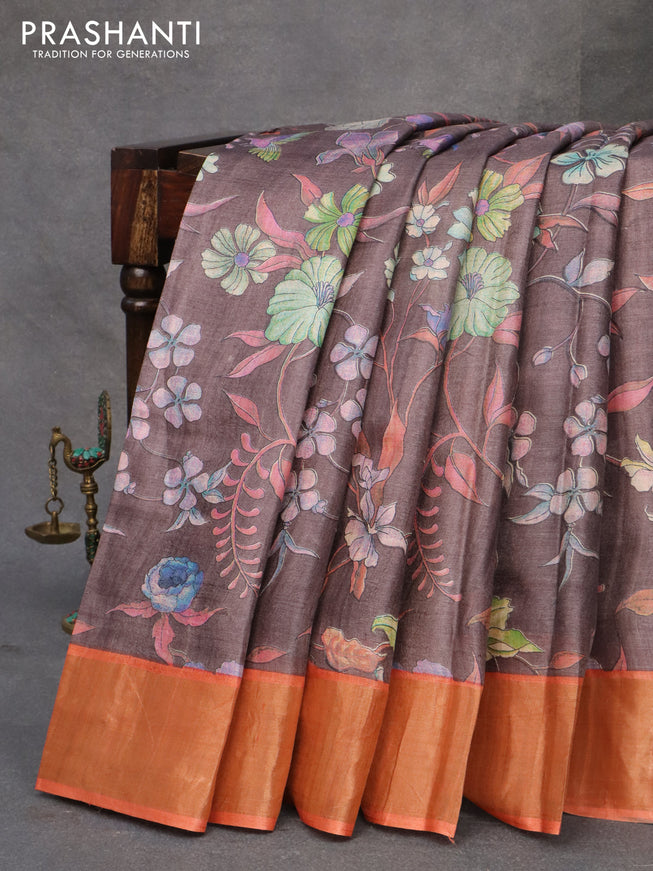 Pure tussar silk saree greyish brown and orange with allover floral prints and zari woven border