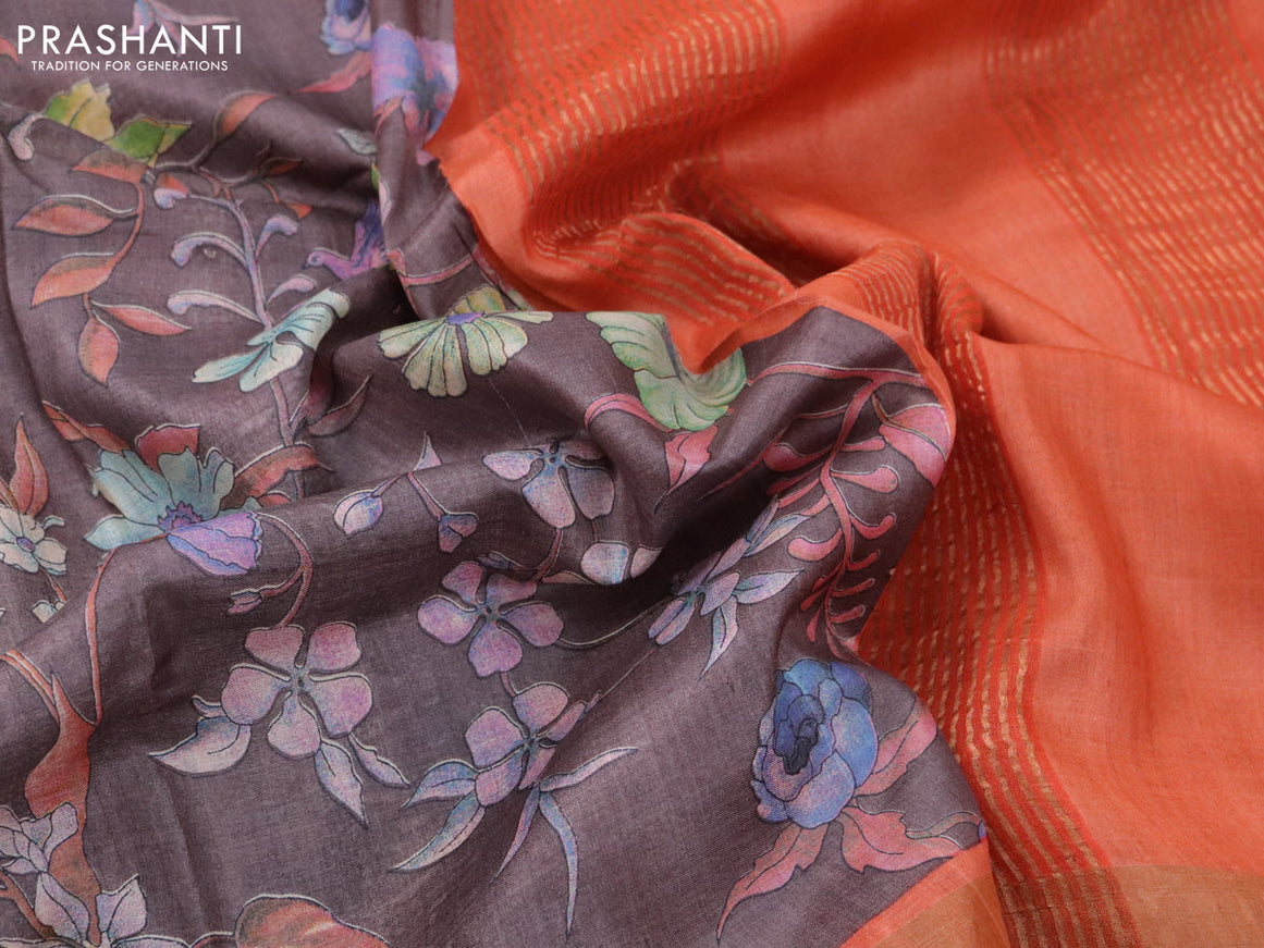 Pure tussar silk saree greyish brown and orange with allover floral prints and zari woven border