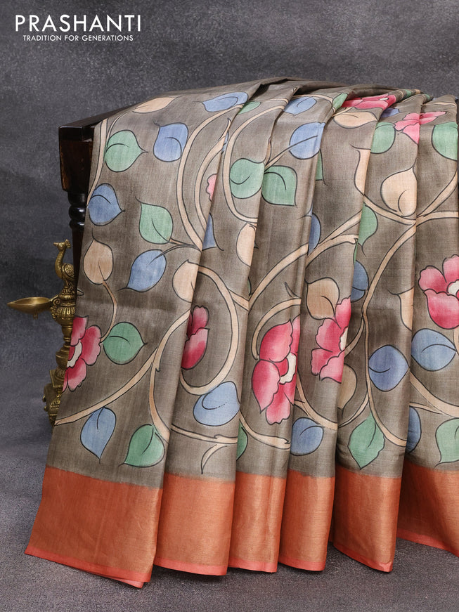 Pure tussar silk saree grey shade and rust shade with allover hand painted kalamkari prints and zari woven border