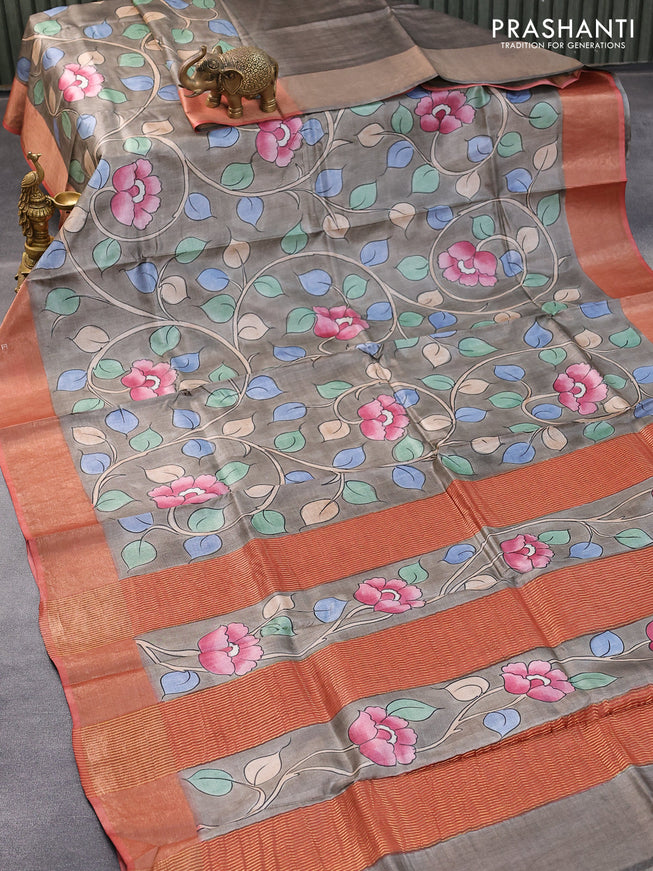 Pure tussar silk saree grey shade and rust shade with allover hand painted kalamkari prints and zari woven border