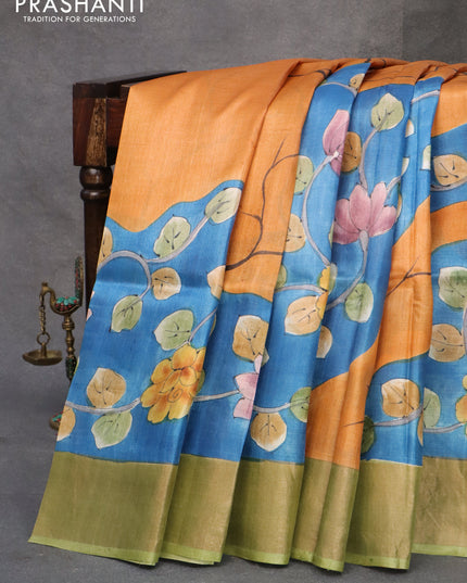 Pure tussar silk saree blue and light green with hand painted kalamkari prints and zari woven border
