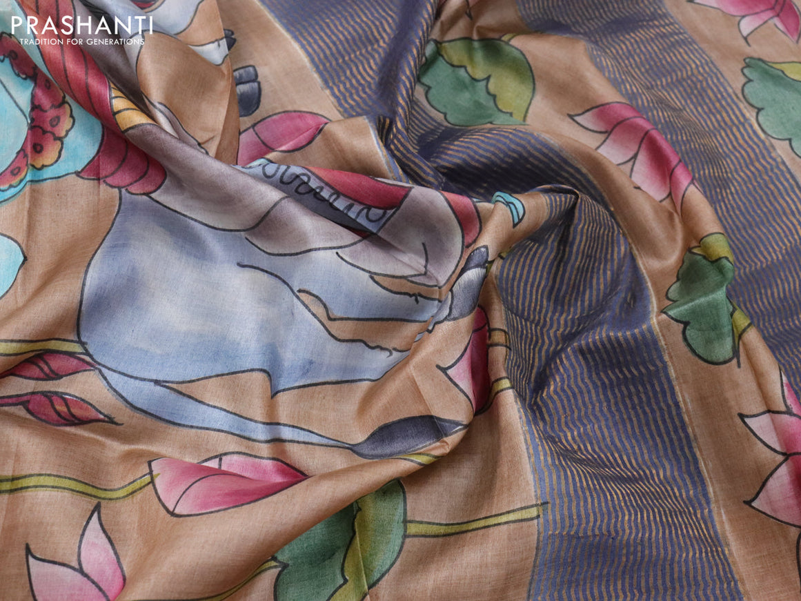Pure tussar silk saree brown and blue shade with allover hand painted pichwai prints and zari woven border