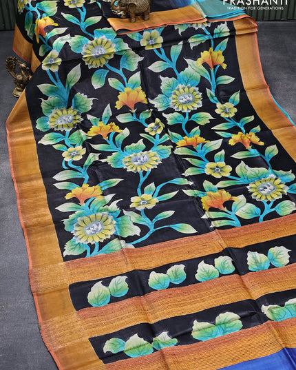 Pure tussar silk saree black and orange with allover hand painted floral prints and zari woven border